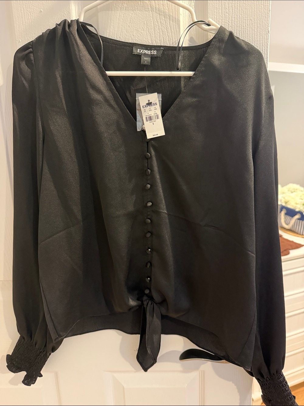 Express Black Long-Sleeve Button Tie-Hem Blouse